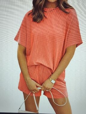 Ribbed Short Sleeve Top and Shorts Set - Coral